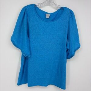 Chico's Linen Blue Knit Short Flutter Sleeve Coastal Grandma Size 12 Fringe Trim